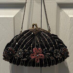 Black Beaded Clutch with Floral Design
